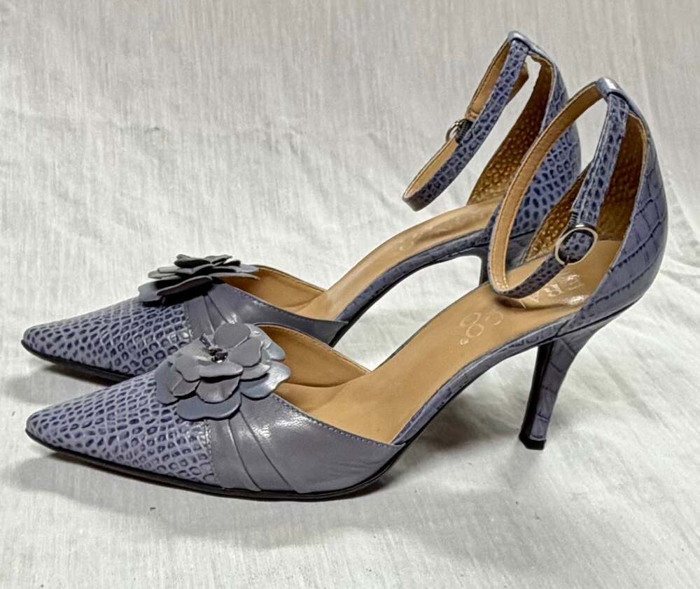 Franco Sarto Blue Lizard Embossed Floral Ankle Strap D'Orsay Pumps - Picture 5 of 9